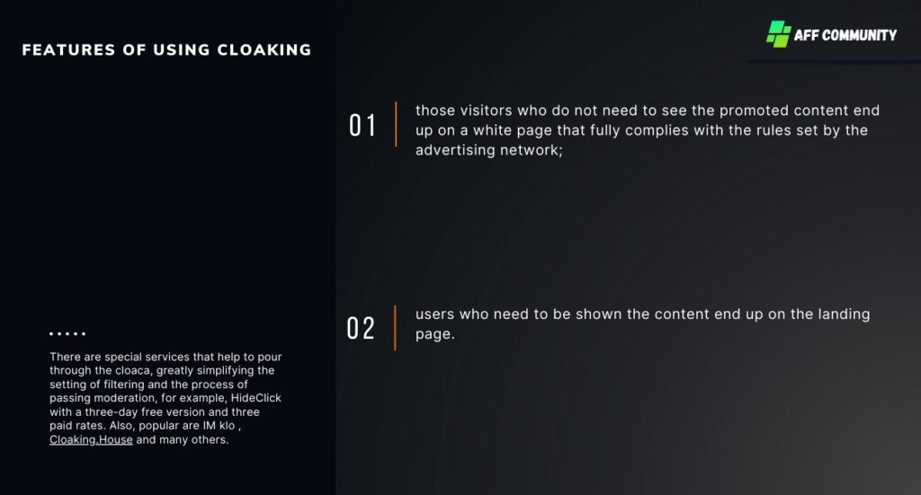 features of using cloaking