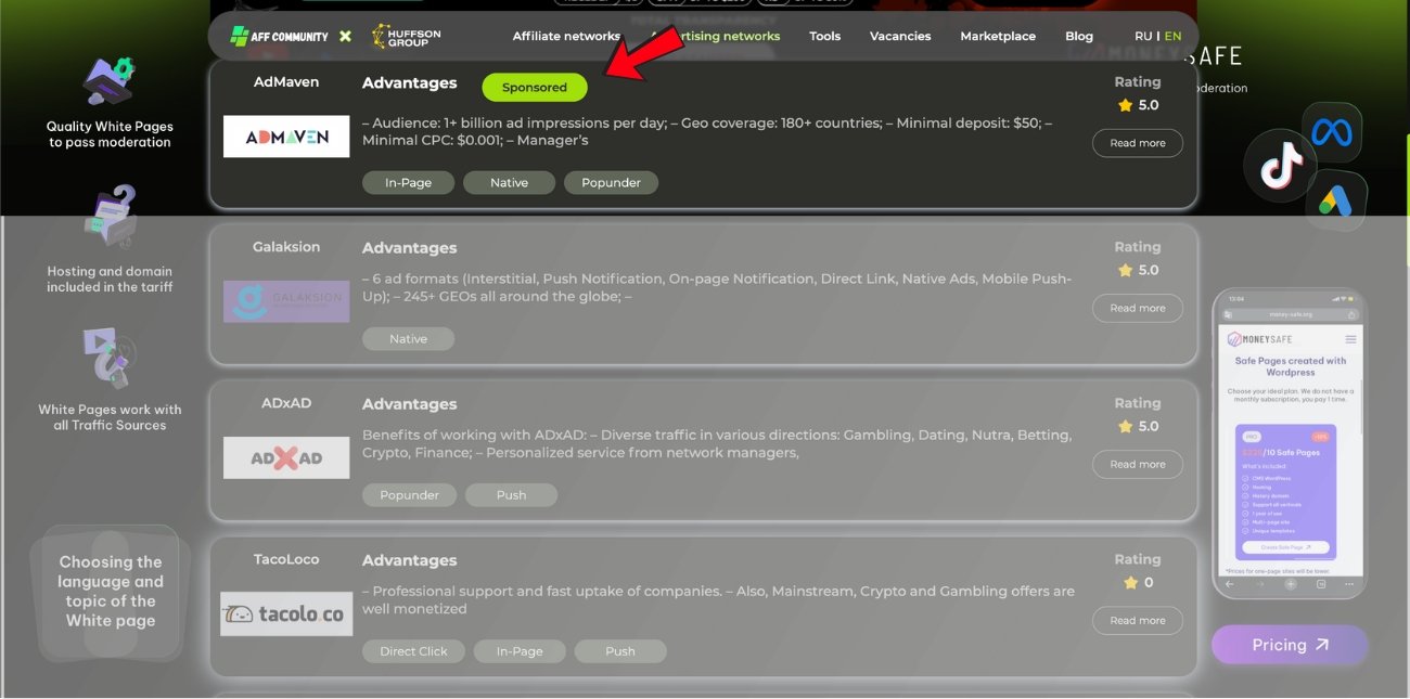 Sponsored places on the Advertising Networks page img